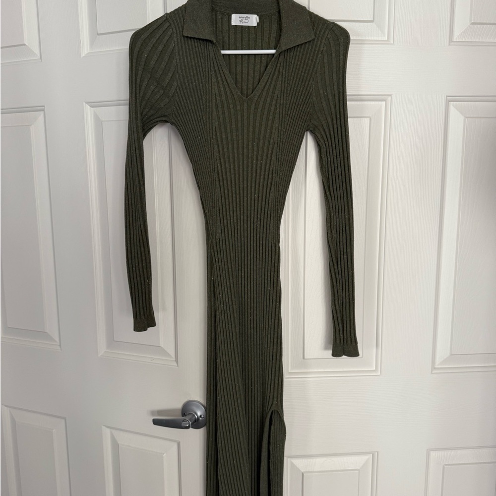 Amaryllis Green Ribbed Sheath Dress with Polo Collar